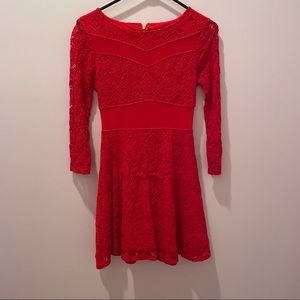 Long Sleeve Red Lace Dress with Mesh Inserts